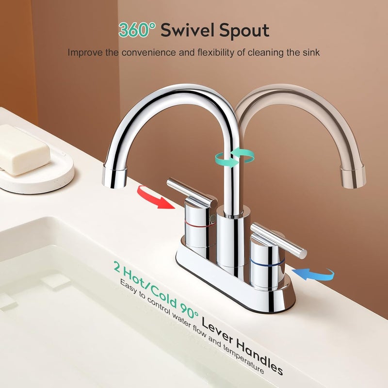 faustina Polished Chrome Bathroom Faucet, 4 Inch Centerset Bathroom Faucet for Sink 2 Holes 3 Holes，Two Handles 304 Stainless Steel Faucet with Pup up Drain and 2 Water Supply Lines for RV Vanity - Image 4